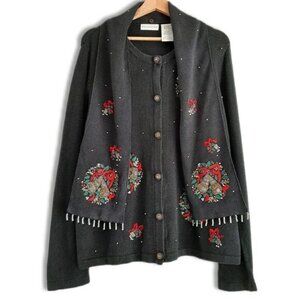 WHITE STAG Vintage Embroidery & Bead Work Christmas Bells Cardigan Sweater Sz XL